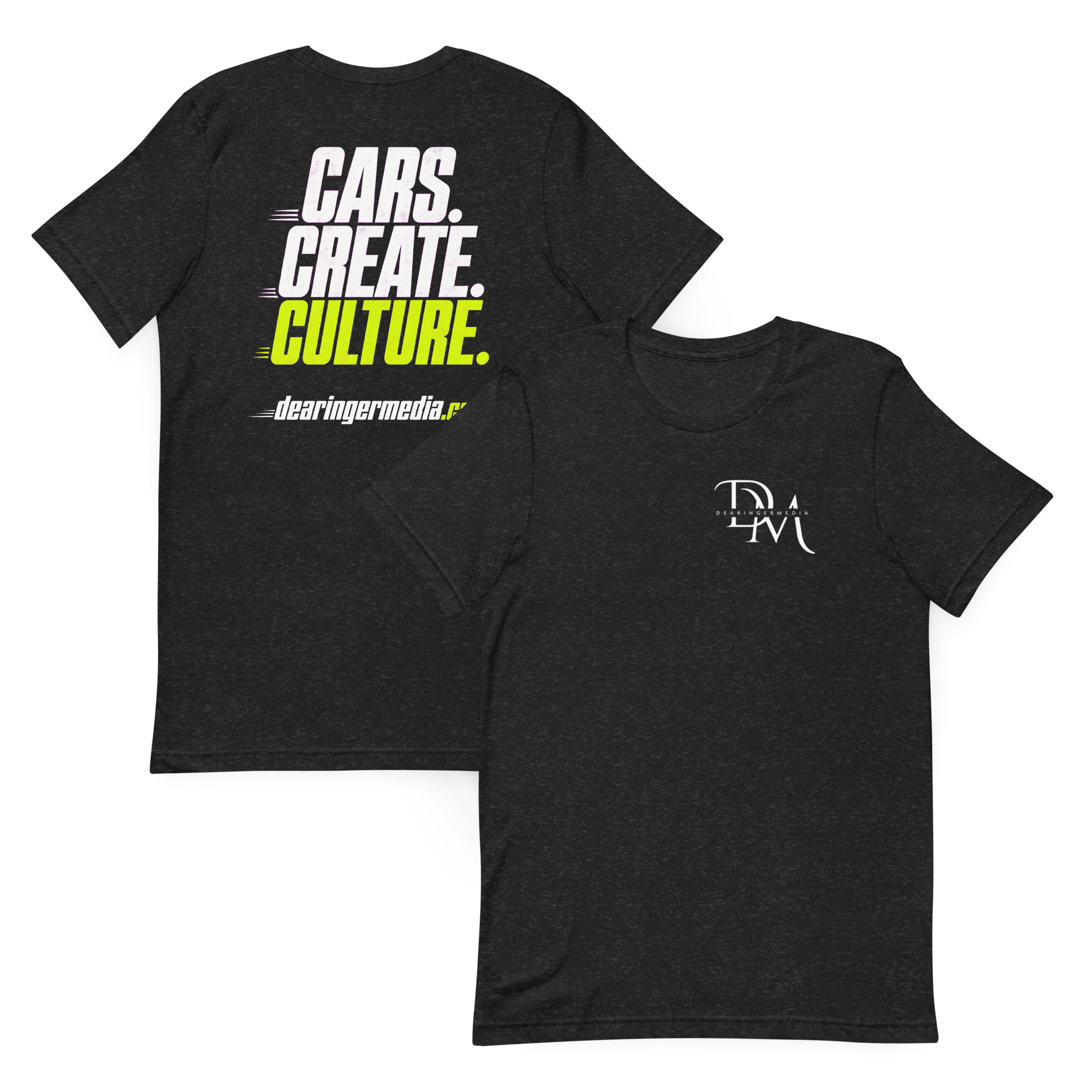 Front and back views of the DearingerMedia Cars Create Culture shirt
